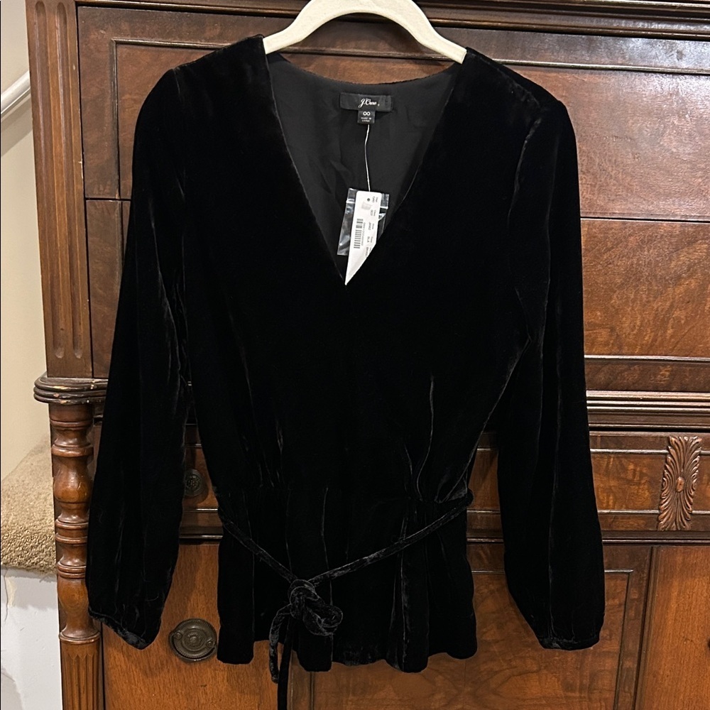 J. Crew Black Velvet V-Neck Long Sleeve Blouse Women's Size XXS